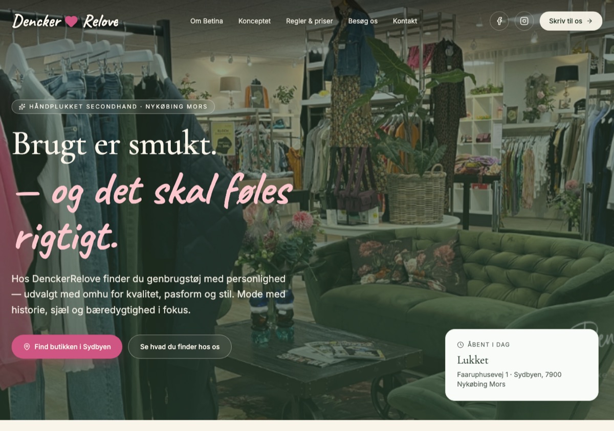 Forsiden af DenckerReloves hjemmeside, bygget af WebAnker
